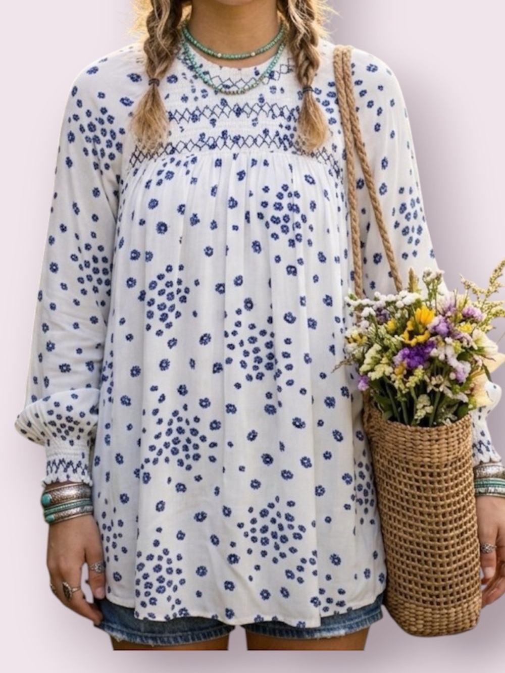 Free People Flowers in Her Hair Floral Tunic Top Mini Dress White Blue Medium